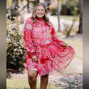 Pink Multi Smocked Neck Tiered Dress